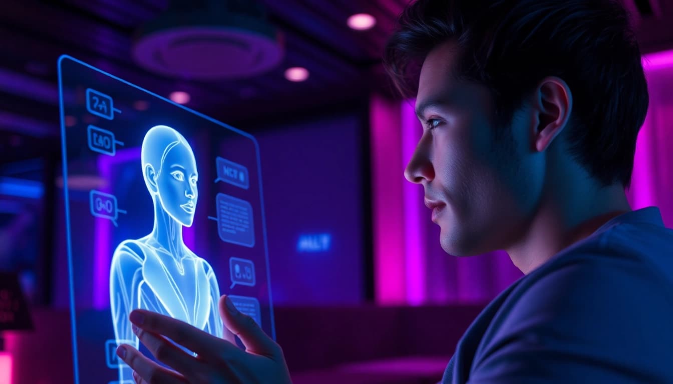 Engaging in ai sex chat with a lifelike AI chatbot in a modern lounge.