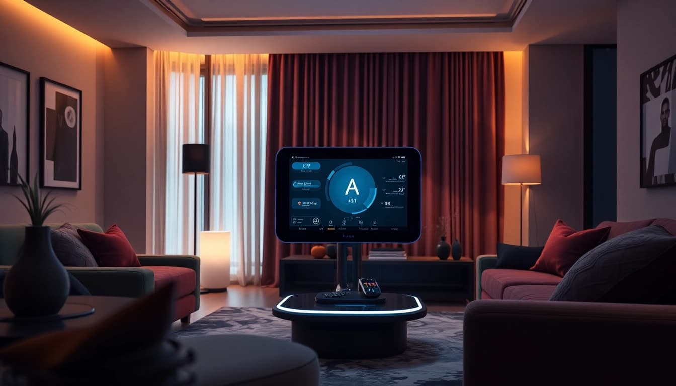 Futuristic sex AI assistant in an intimate modern living space, highlighting innovative design and ambiance.