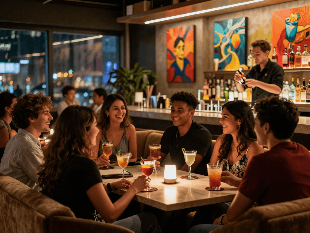 Friends enjoying cocktails in an nsfw urban bar lounge with ambient lighting