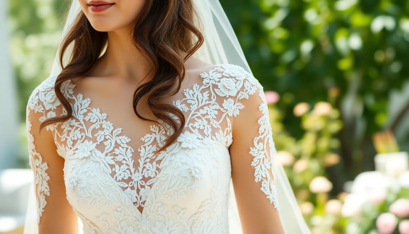 Rebel Designerwear showcases an exquisite bridal gown in a romantic garden setting.
