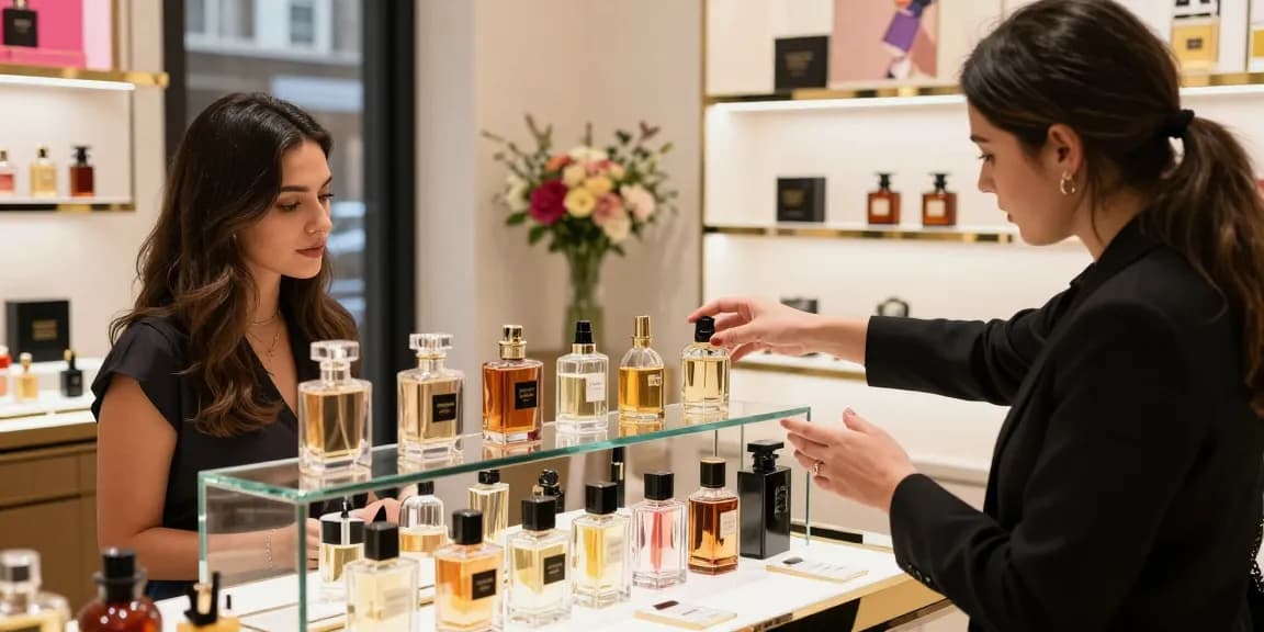Explore Razamani Si fragrances in a luxurious boutique setting, stylish woman engaging with a salesperson.