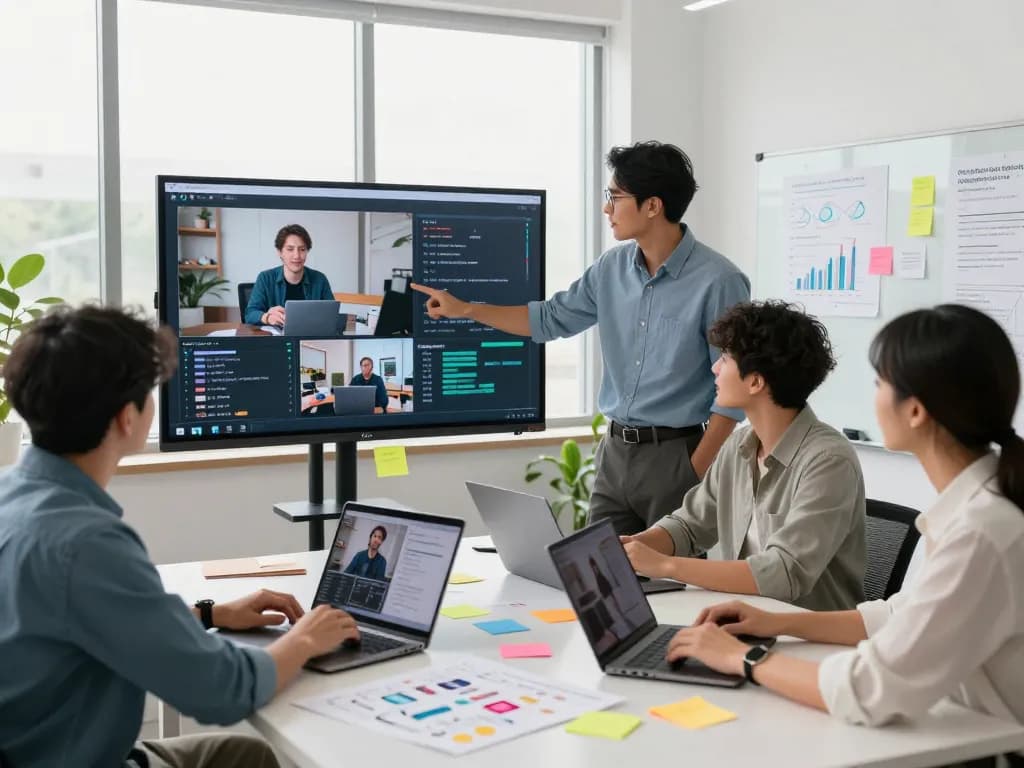Dynamic team in a modern workspace utilizing video to prompt AI technology for collaborative creativity.