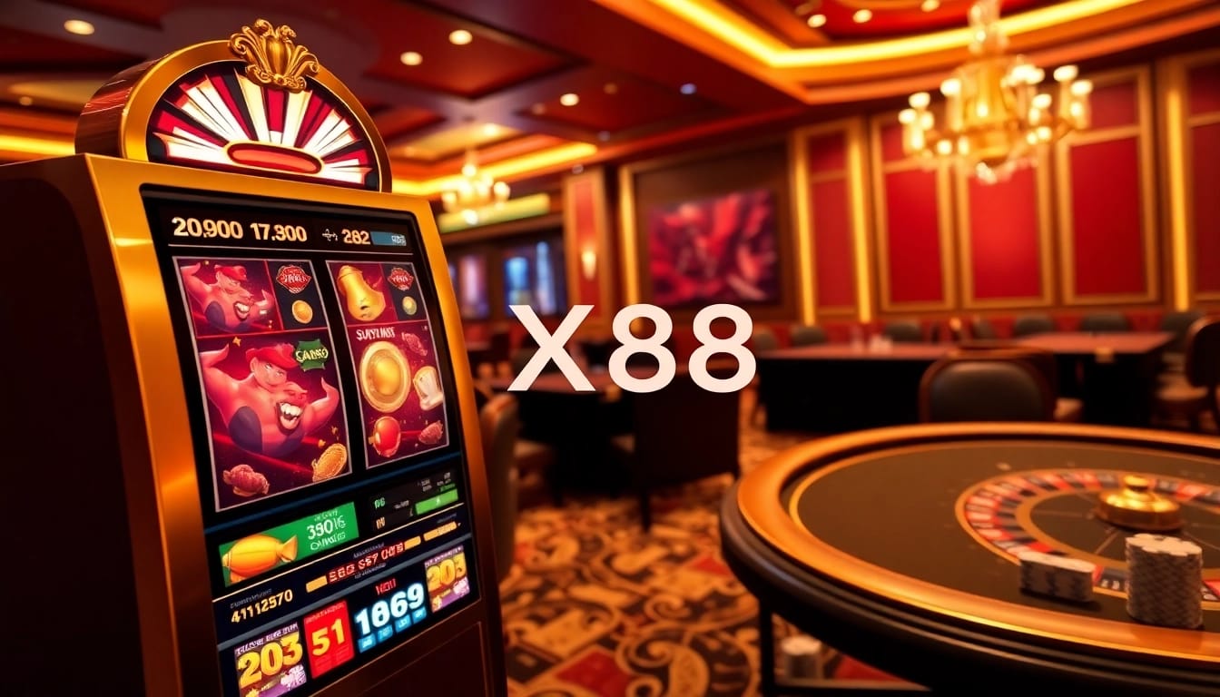 X88 casino interface showcasing slot machines, poker tables, and roulette wheel for online gambling.