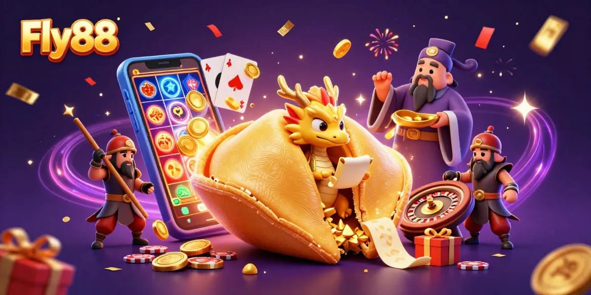 Engage in thrilling gameplay at Fly88 with a vibrant casino scene featuring a golden fortune cookie, wise dragon, and gaming elements.