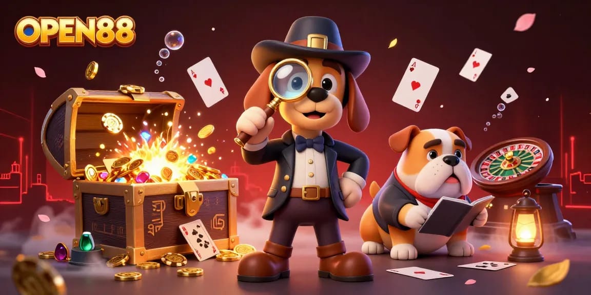 Experience OPEN88 with a fun detective scene featuring gambling clues and vibrant underwater treasures.