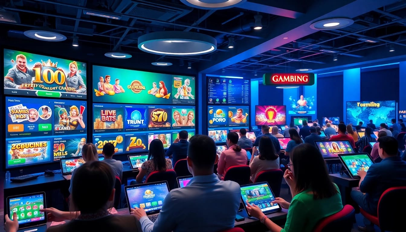 stimmgewitter.org showcases a modern, vibrant online gambling experience with diverse players engaged in various games.