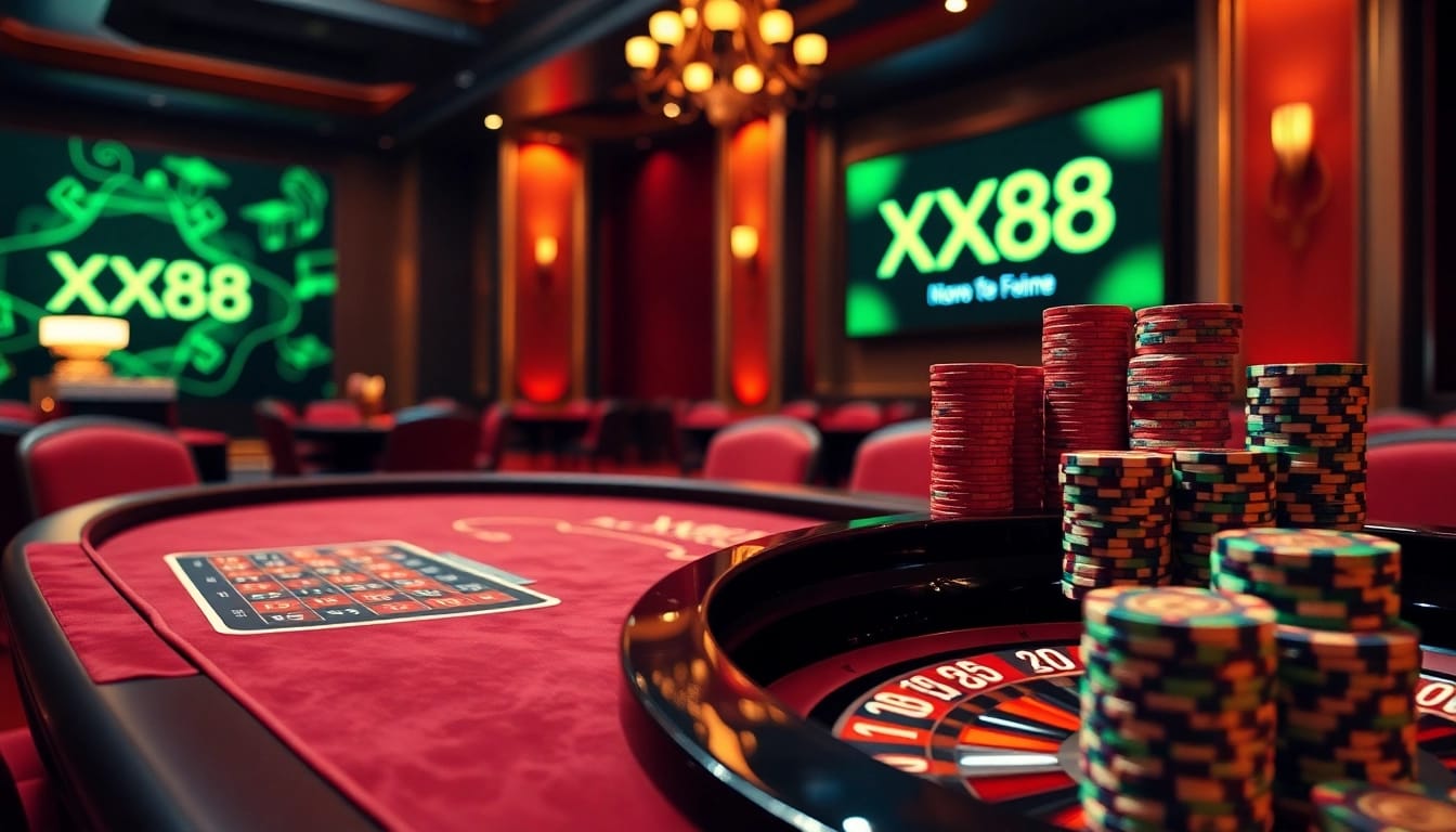 Players engaging at the XX88 casino table, showcasing vibrant chips and cards.