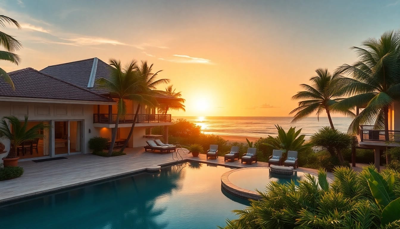 Showcasing a luxurious villa property management service surrounded by tropical landscapes, ensuring optimal rental conditions.