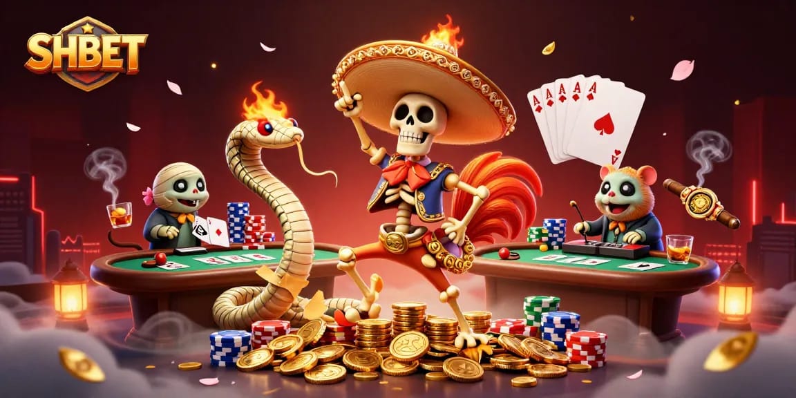 Experience SHBET's thrilling gaming atmosphere with dynamic characters and vibrant casino elements.