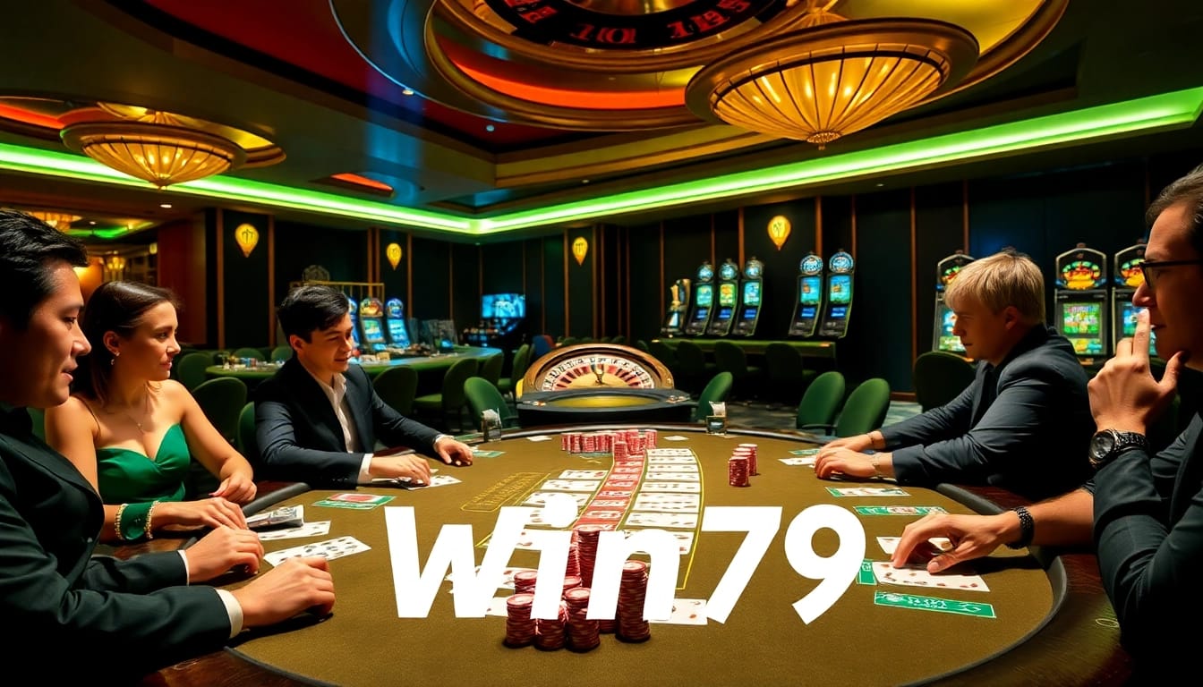 Win79 players enjoying an exciting game night with poker chips on the table.