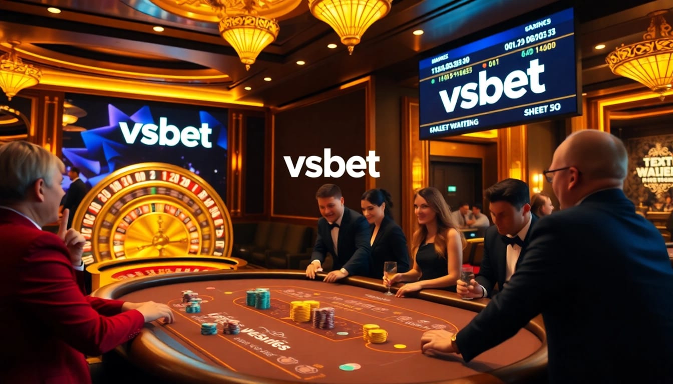 Watch players at the vsbet poker table amidst a luxurious casino atmosphere, with vibrant colors and excitement.