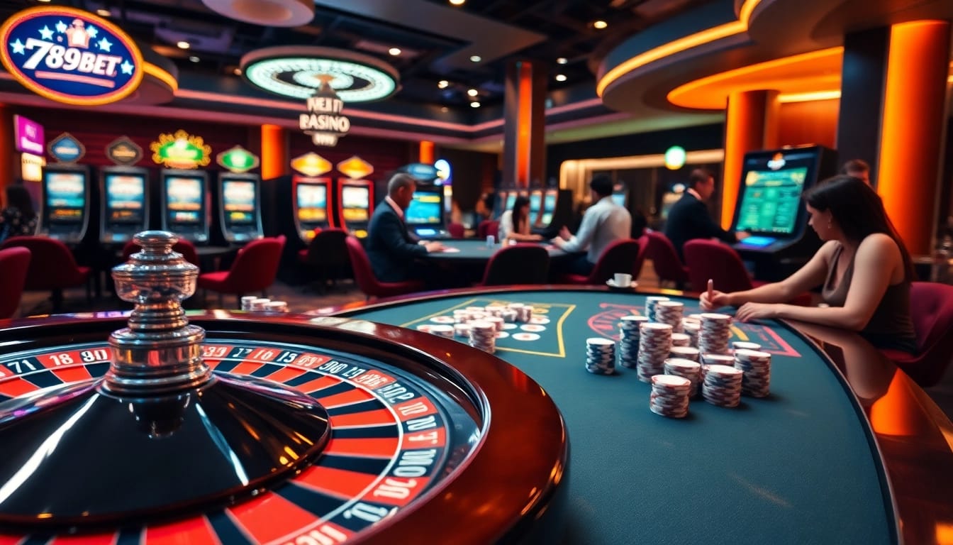 Experience thrilling gameplay at 789bet with casino tables, poker chips, and a roulette wheel.
