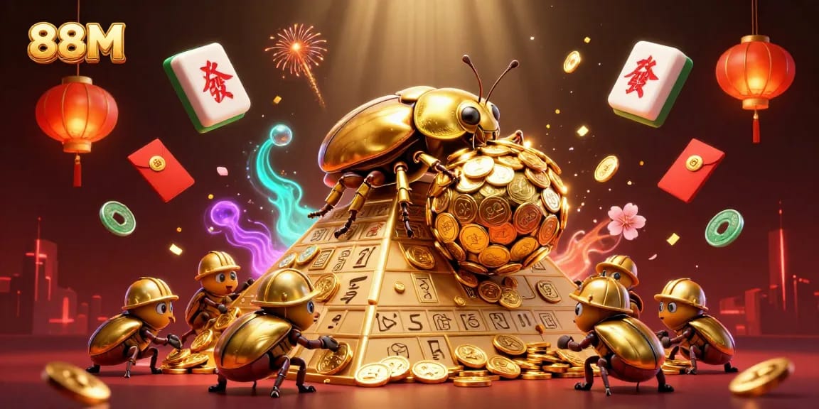 Engage with 88M's thrilling casino experience featuring a golden dung beetle amidst vibrant elements representing luck and fortune.