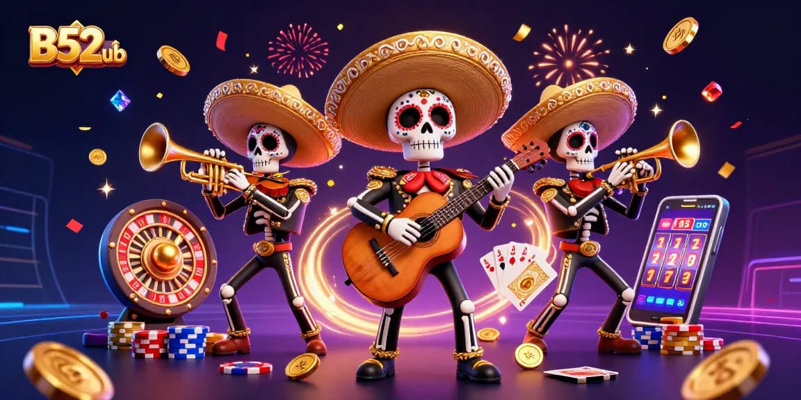 B52club offers an energetic scene with a vibrant mariachi band celebrating amid a cascade of golden coins and gems.
