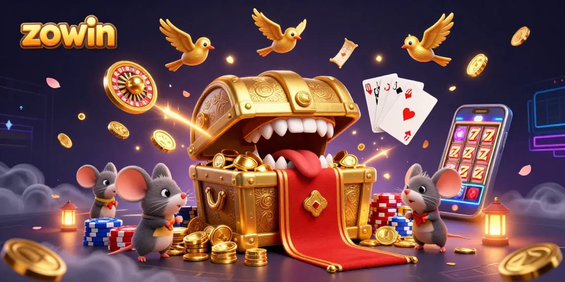Zowin treasure chest lures adventurer mice with golden coins and vibrant casino elements.