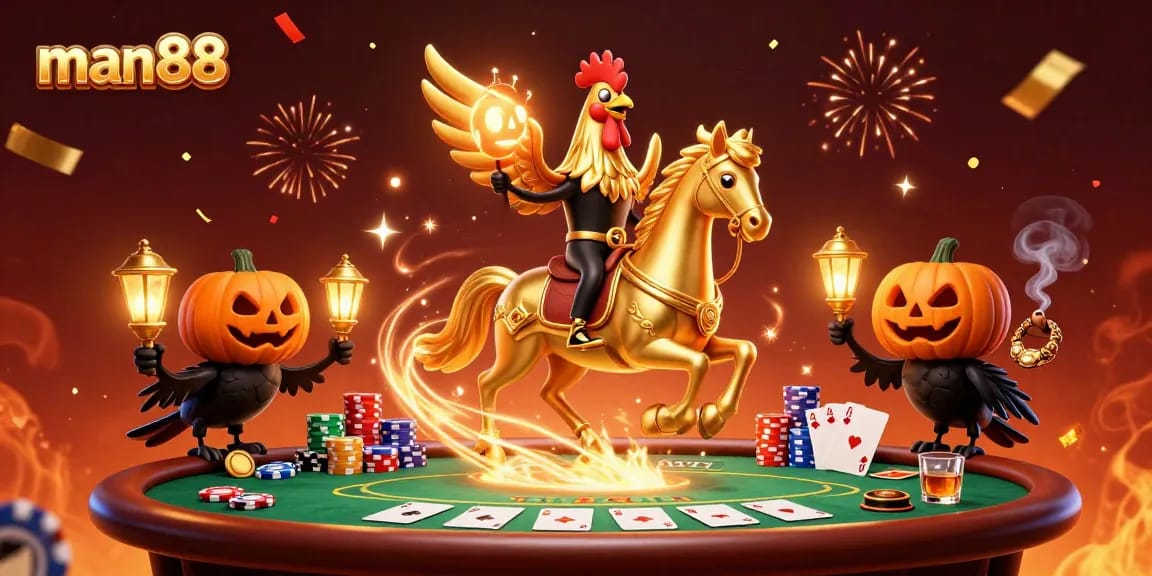 Experience the thrill of gambling at man88 with a vibrant casino scene featuring festive characters.