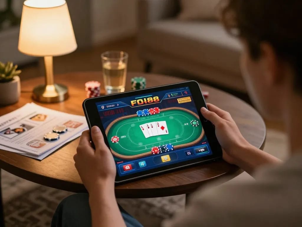 Engaging scene of a player enjoying FO88's online casino games on a tablet, showcasing a warm home atmosphere.