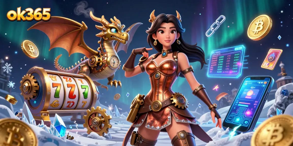 Experience thrilling gameplay at ok365 with vibrant slot reels and a steampunk clockwork dragon.