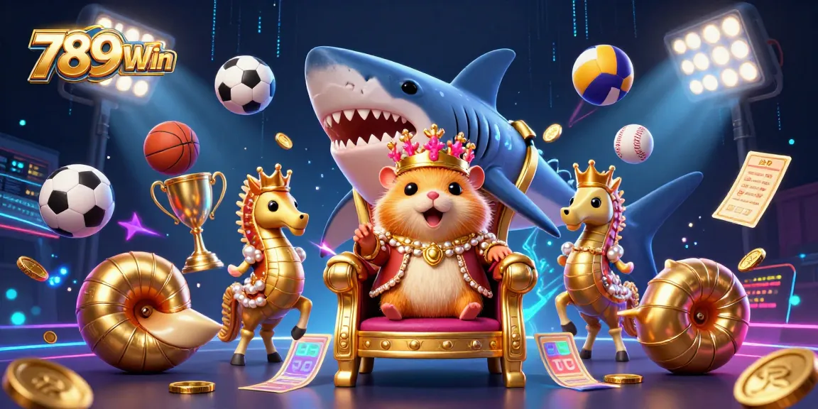 Engage in thrilling casino action at 789Win with a golden hamster king, seahorse guards, and dynamic sports elements.