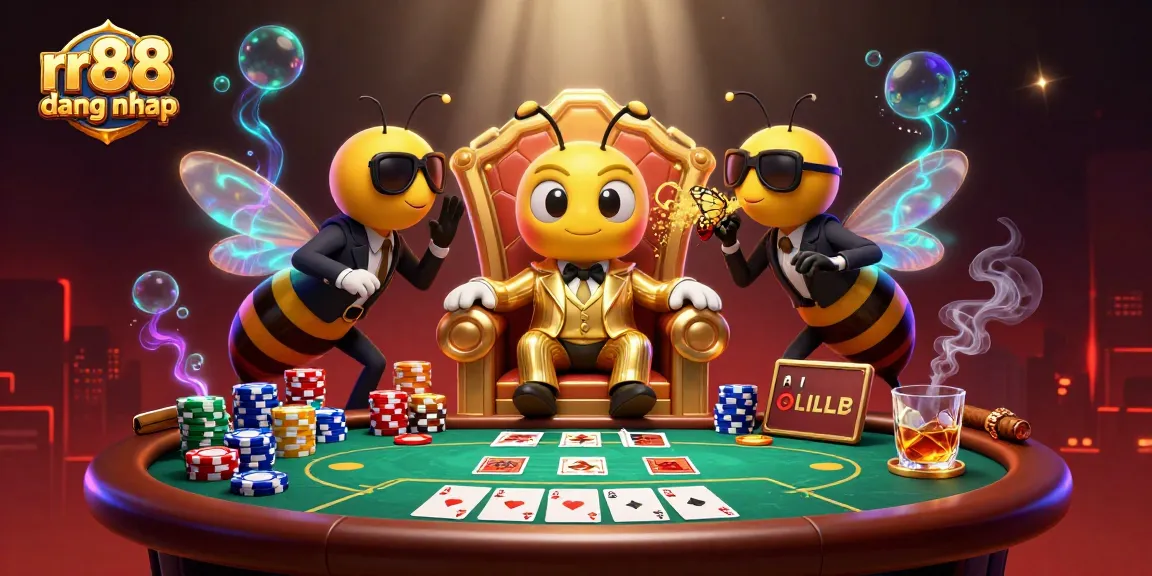Play games with rr88 dang nhap in a vibrant casino scene with cartoon elements and poker action.
