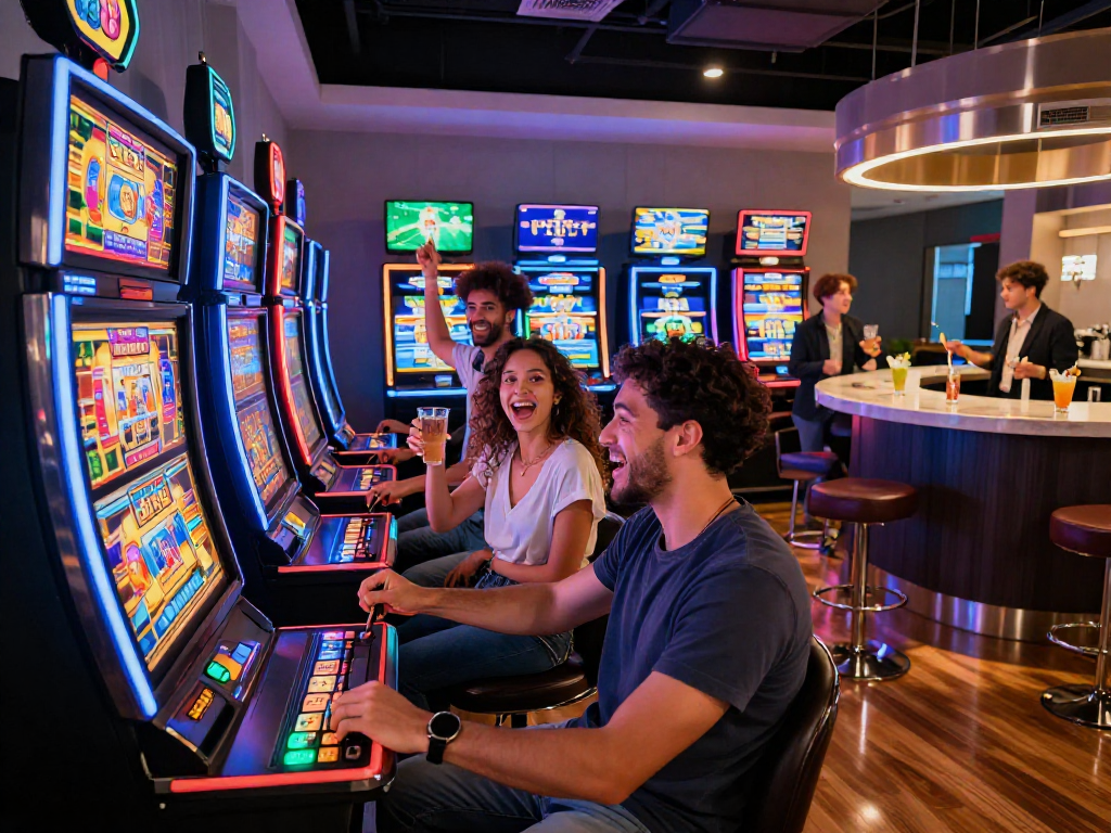 Exciting slot88 login scene in a colorful casino lounge with friends celebrating around the slot machines.