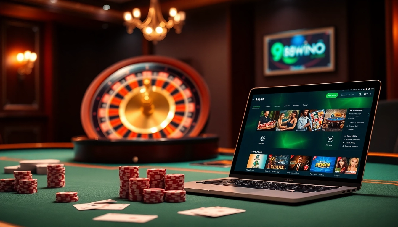 Experience the thrilling atmosphere of 98WIN as players engage in high-stakes casino gaming with vibrant cards and chips.