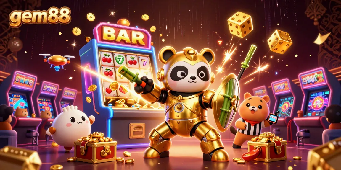 Experience thrilling gameplay with gem88's vibrant casino scene featuring animated panda characters.