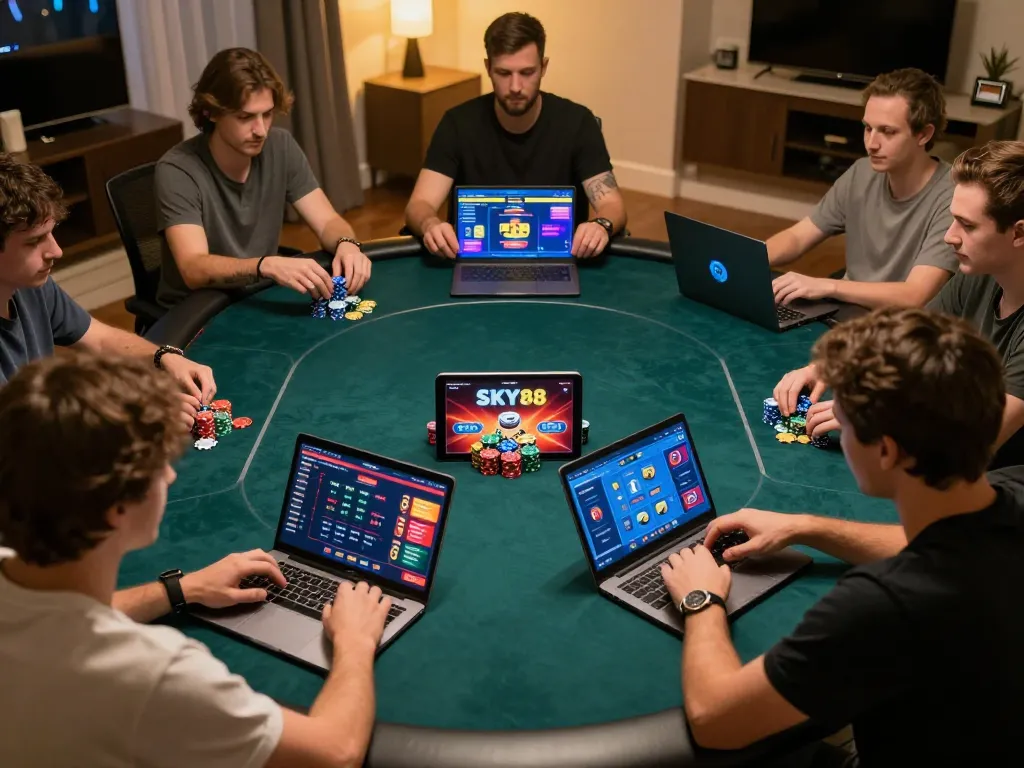 Sky88 online poker players engaged in strategic gameplay in a vibrant home setting.