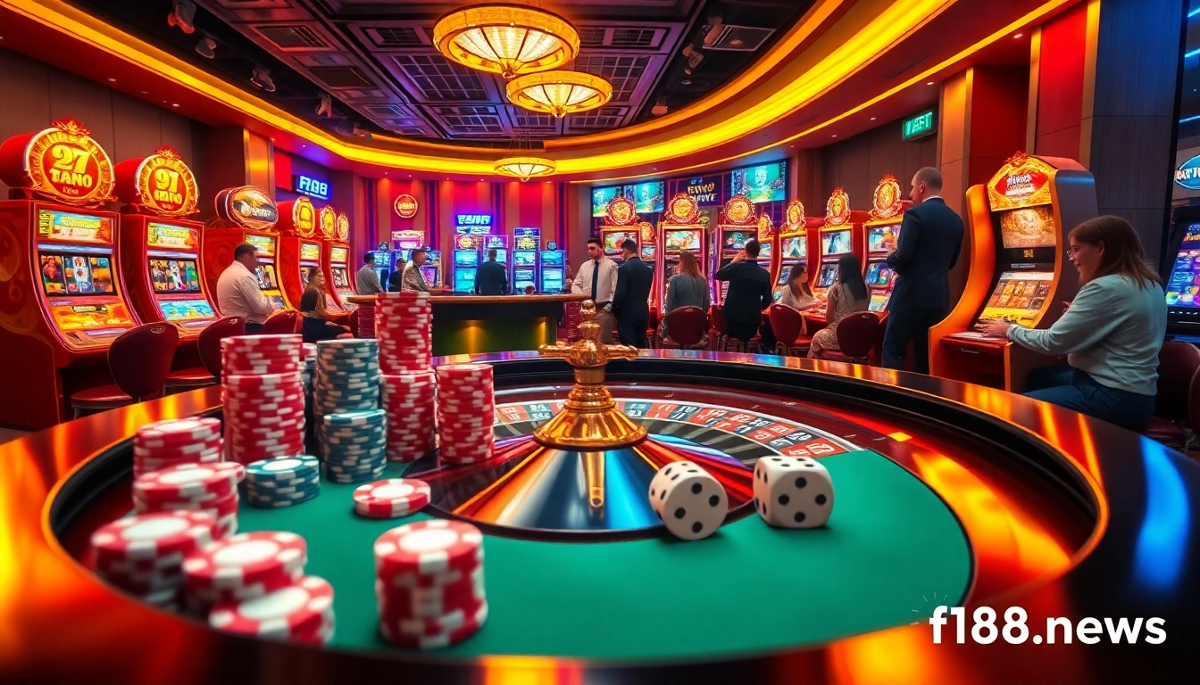 Experience the excitement of f168.news with vibrant casino scenes featuring roulette and lively gamblers.