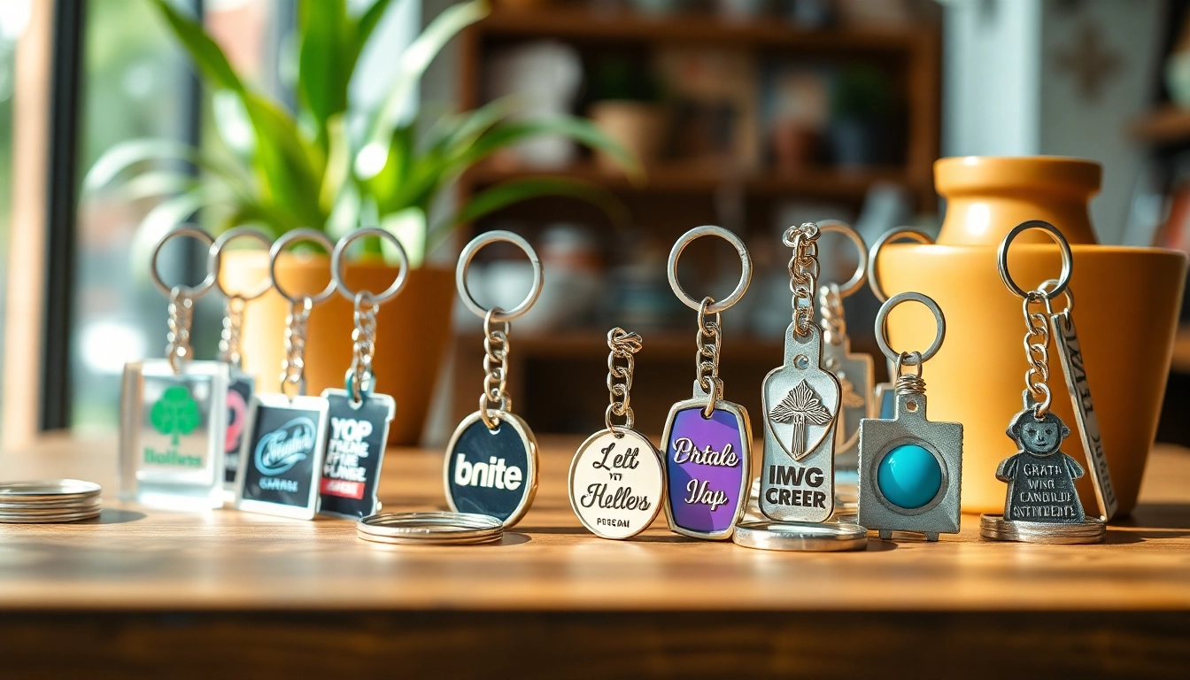 Explore customized keychains showcasing unique designs and logos for personalized gifts.