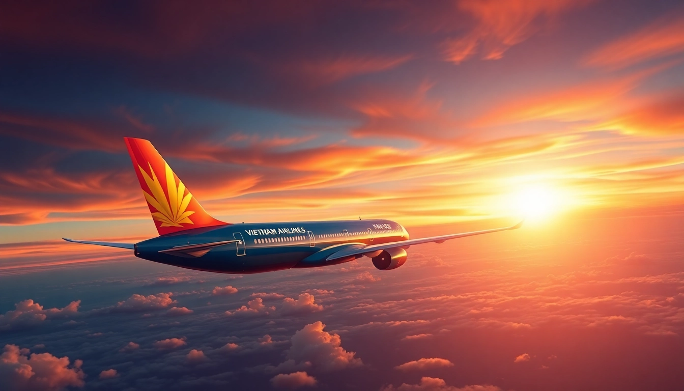 Flight VN168 of Vietnam Airlines soaring through a vibrant sunset sky.