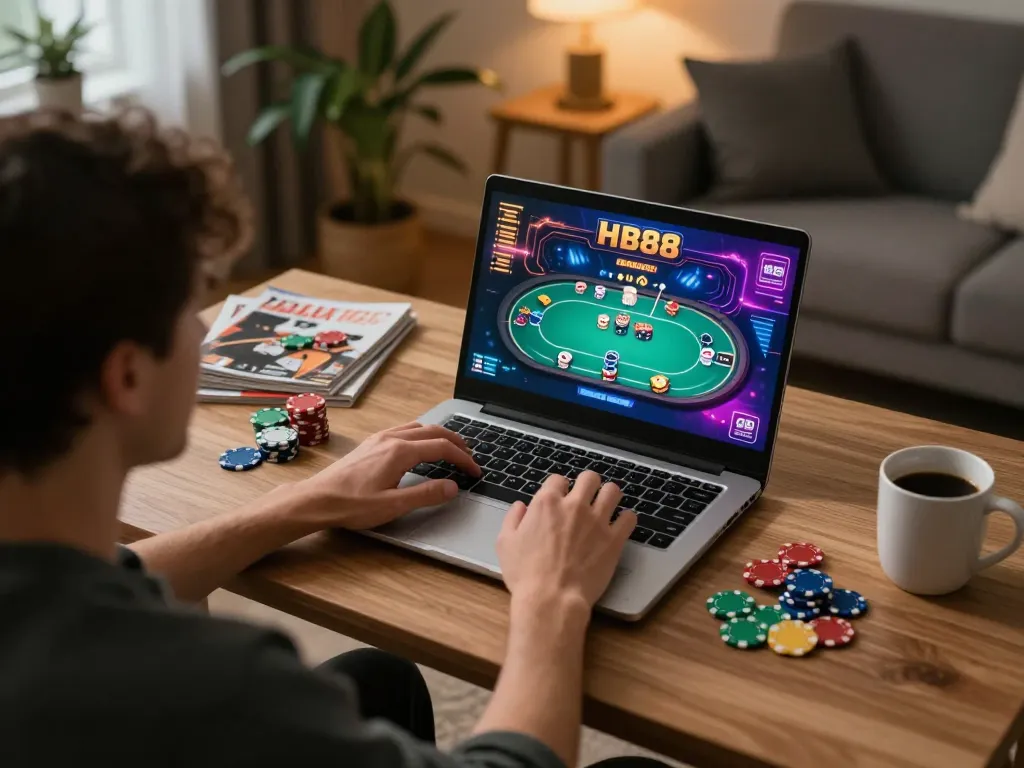 Engaging in online gaming at HB88 with a laptop setup, showcasing strategic poker gameplay.