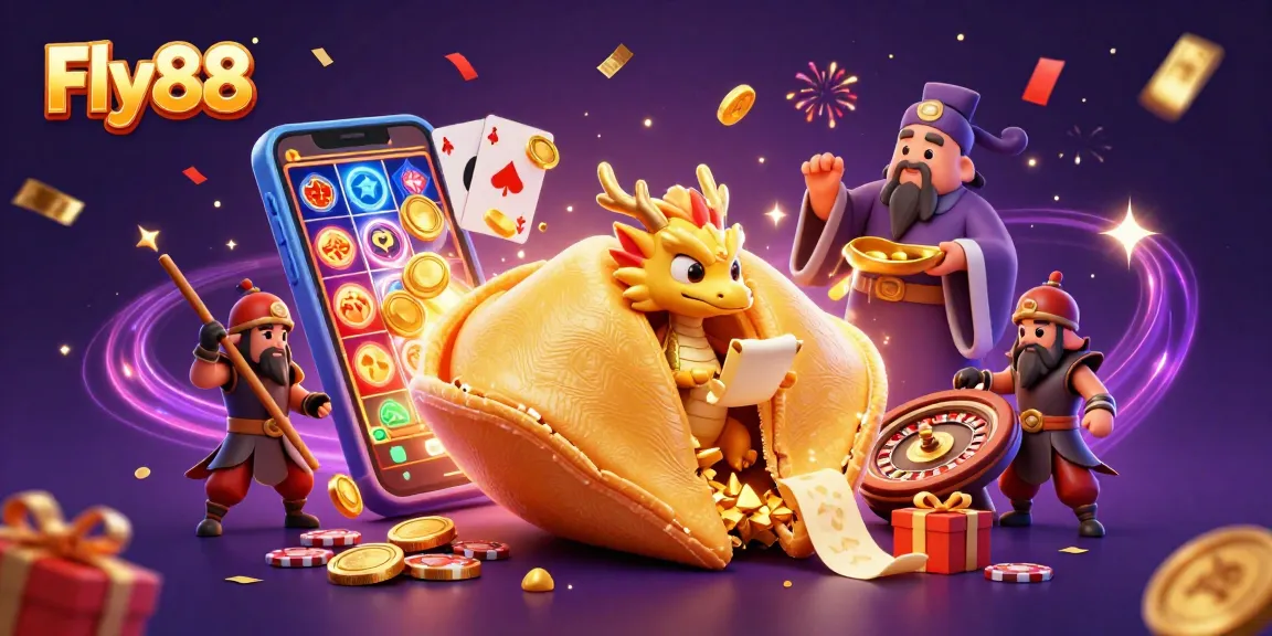 Engage in thrilling gameplay at Fly88 with a vibrant casino scene featuring a golden fortune cookie, wise dragon, and gaming elements.