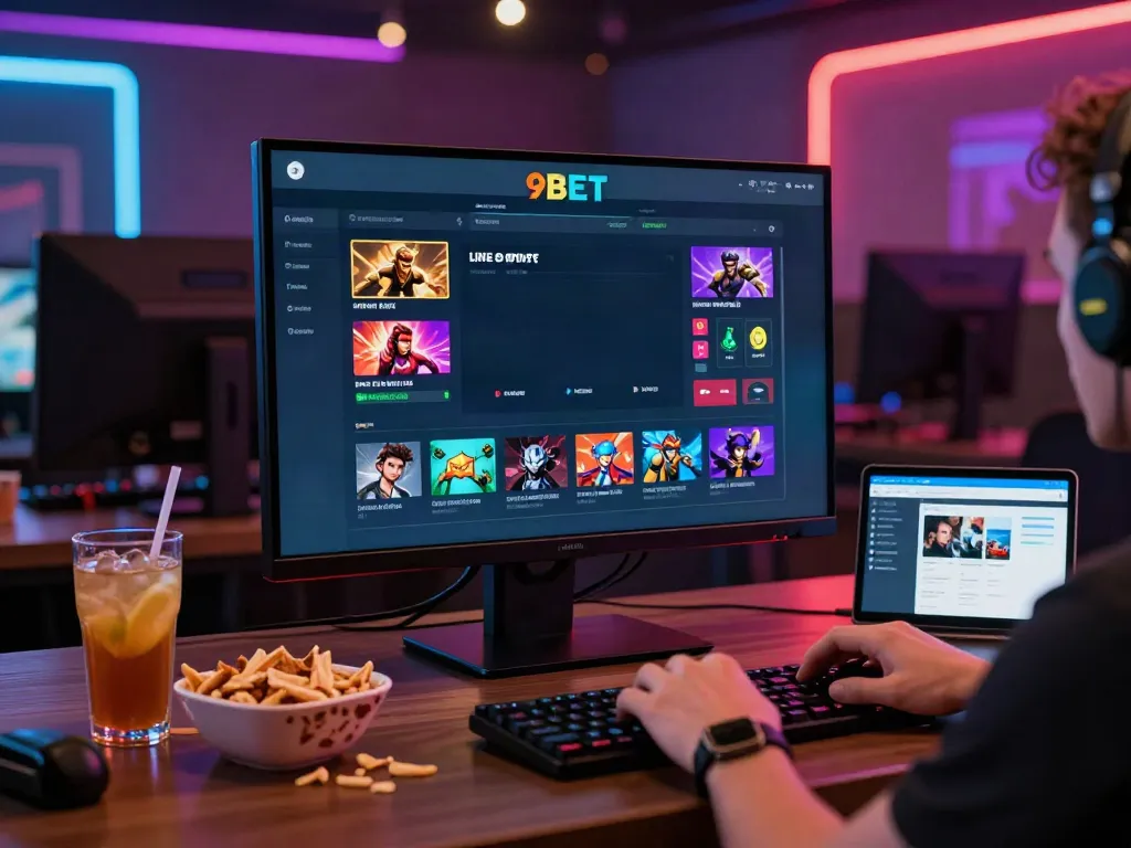Engaging 9BET betting interface with a player in a modern gaming lounge.