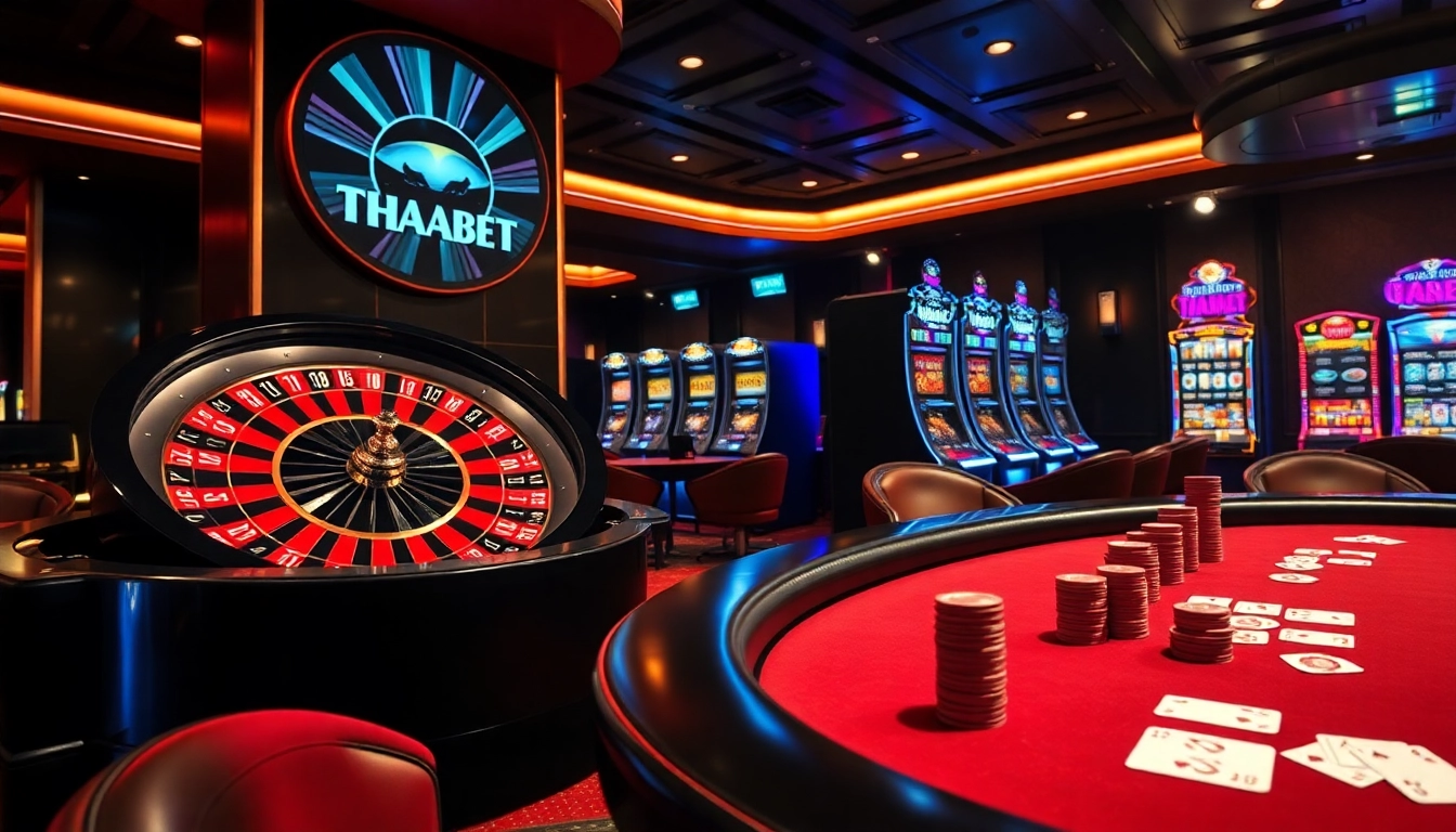 THABET gaming table with vibrant roulette wheel and slot machines showcasing thrilling betting action