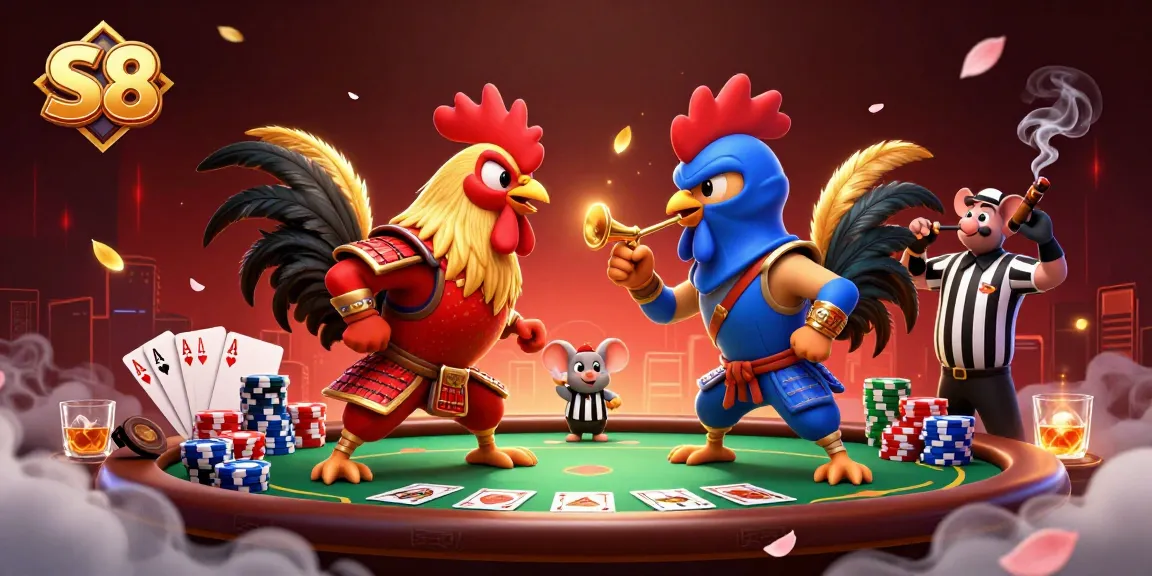 S8's gaming excitement illustrated with rooster duel over poker game highlights and festive elements.