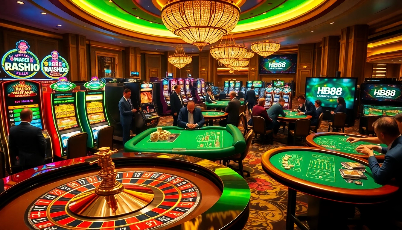 Players enjoying the thrill of HB88 casino gaming with vibrant roulette and slot machines.
