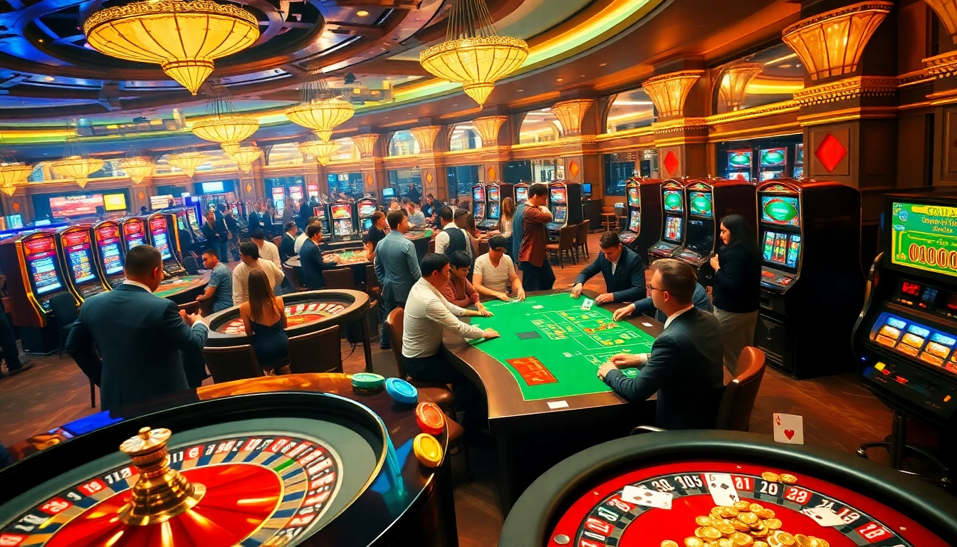 Exciting casino scene with players at tables linked to https://uu88.gl/ showcasing intense gameplay and luxury.