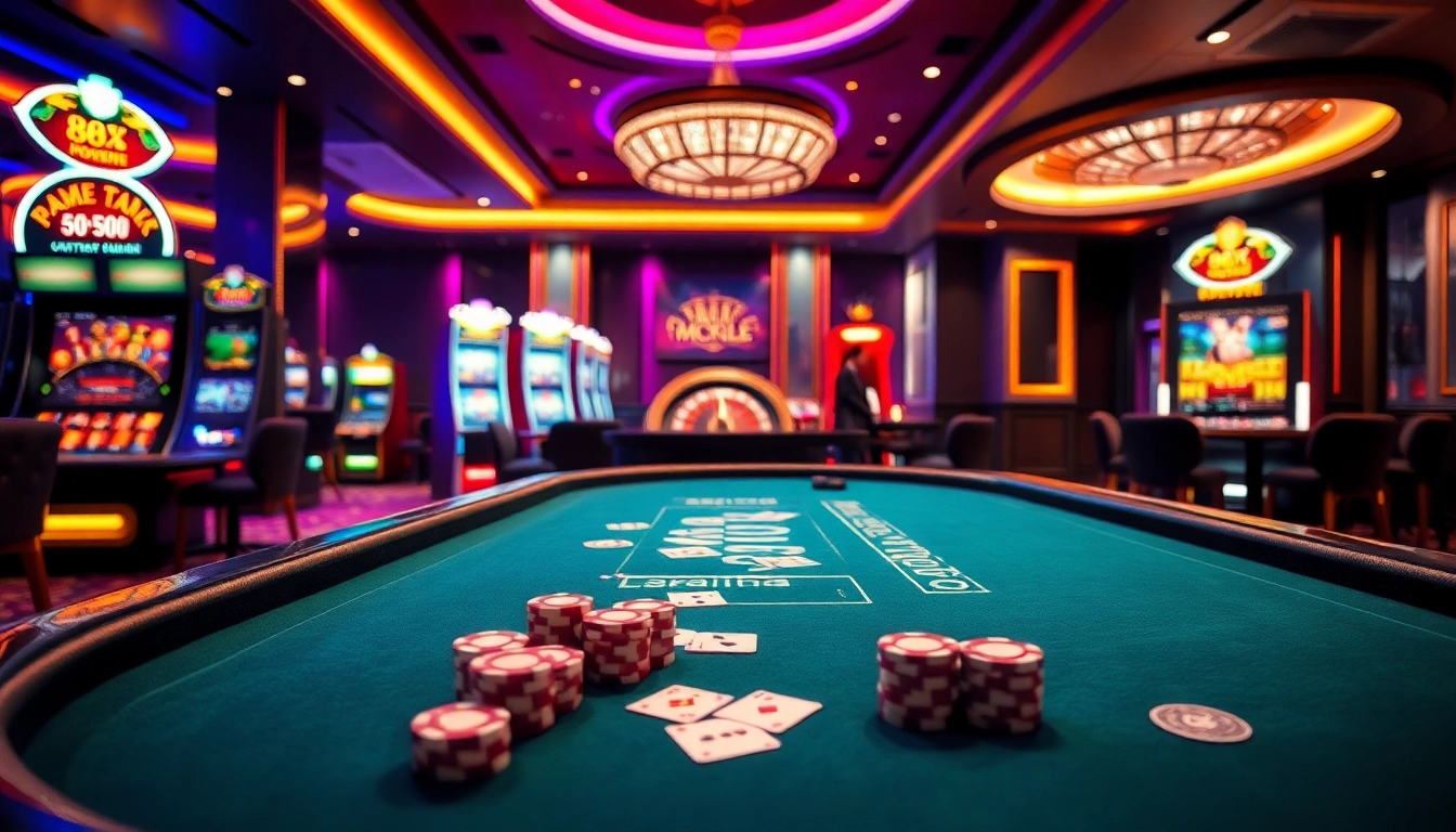Players enjoying an engaging game of blackjack at the 88i game casino, surrounded by vibrant slot machines.