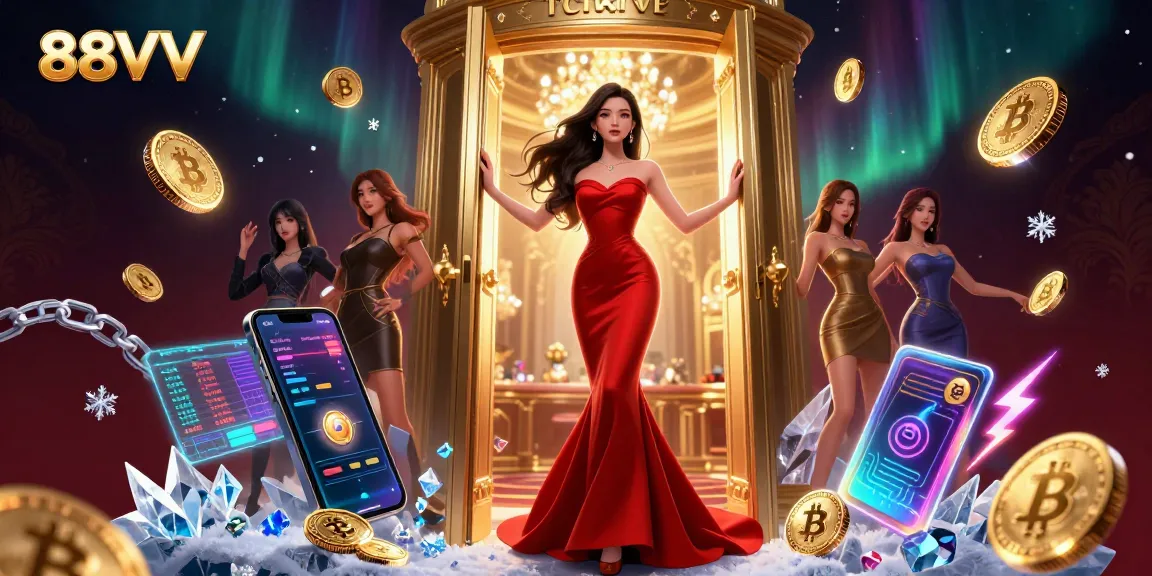 Experience the elegance of 88VV with a beautiful Asian woman in a VIP casino doorway, enriched by vibrant casino elements.