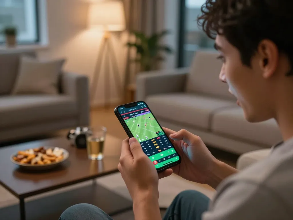 Engaging scene of a user placing sports bets on Trang chủ 13win with a smartphone while enjoying a cozy home setting