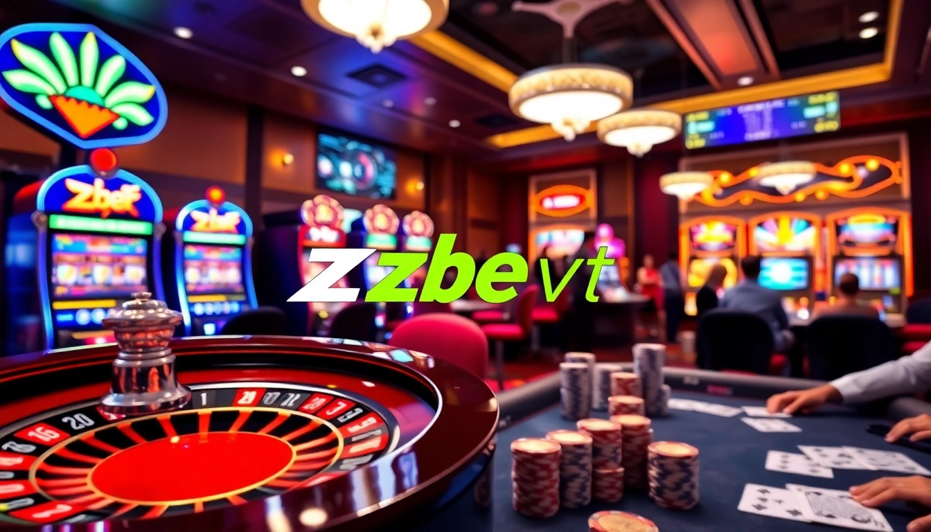 Engaging scene of players enjoying thrilling games at zbet vn online casino, featuring colorful slot machines and poker tables.