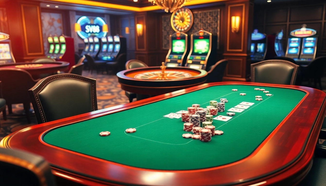 SV88 casino environment showcasing a vibrant poker table with colorful chips and cards.