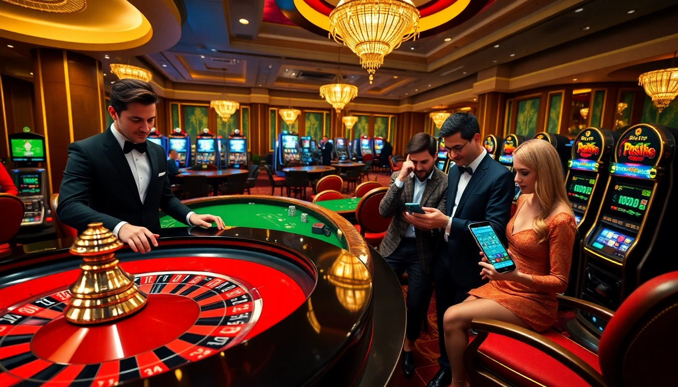 Exciting casino atmosphere highlighting RR88 with roulette, poker tables, and vibrant slot machines.