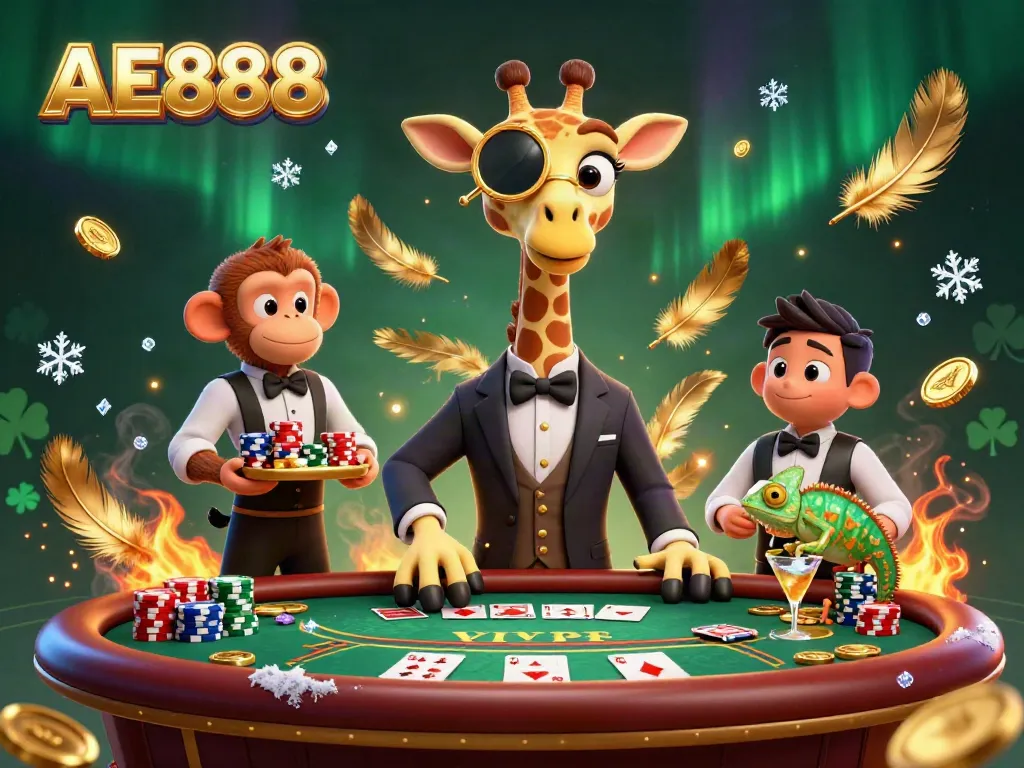 Engage with AE888's vibrant poker scene featuring a high-roller giraffe, monkey valet, and chameleon bartender.