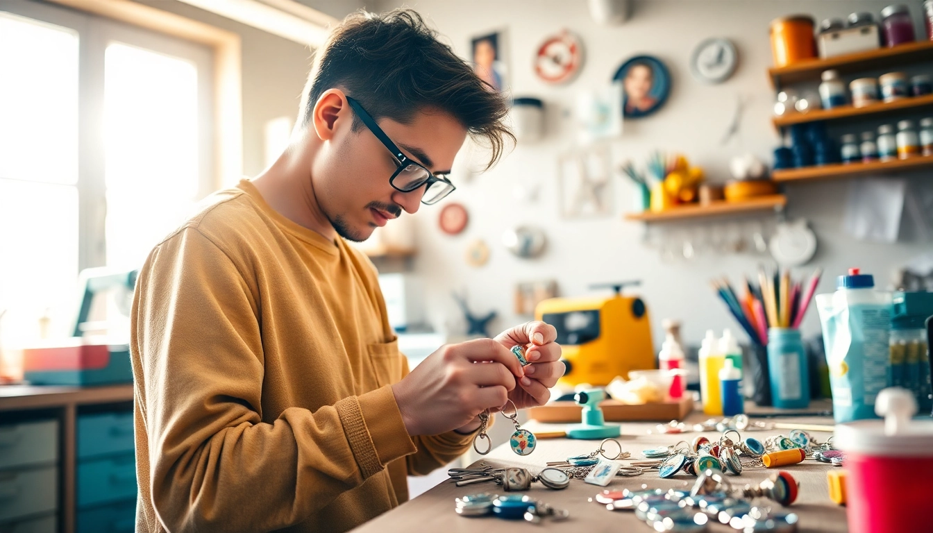 Acrylic keychain maker crafting colorful custom designs in a bright workshop.