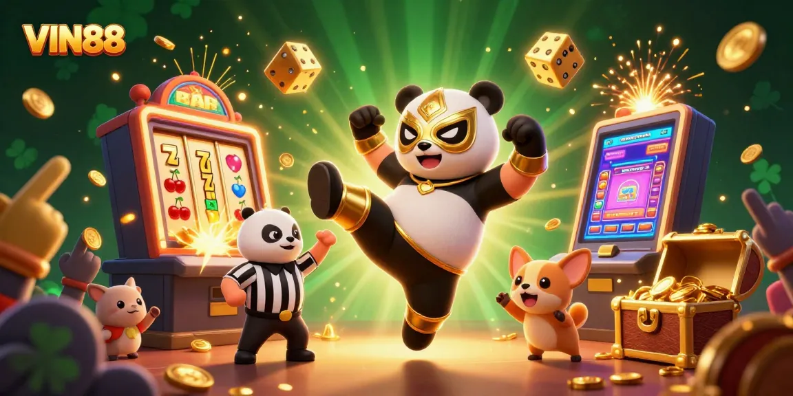 Experience thrilling wins at VIN88 with cartoon panda fighter in a dynamic casino scene.