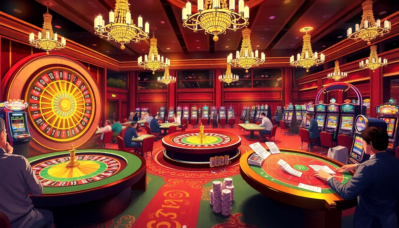 Gambling excitement at CM88 casino featuring lively poker games, roulette, and slot machines.