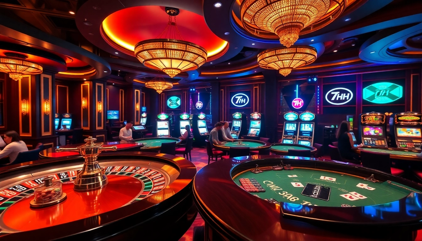 Experience the thrill of the casino with "7HH," showcasing luxurious gaming tables and vibrant slots.