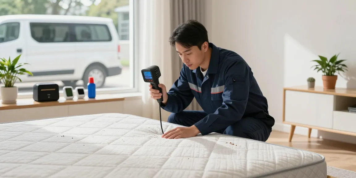 Bed bug treatment professional inspecting a mattress and bed frame